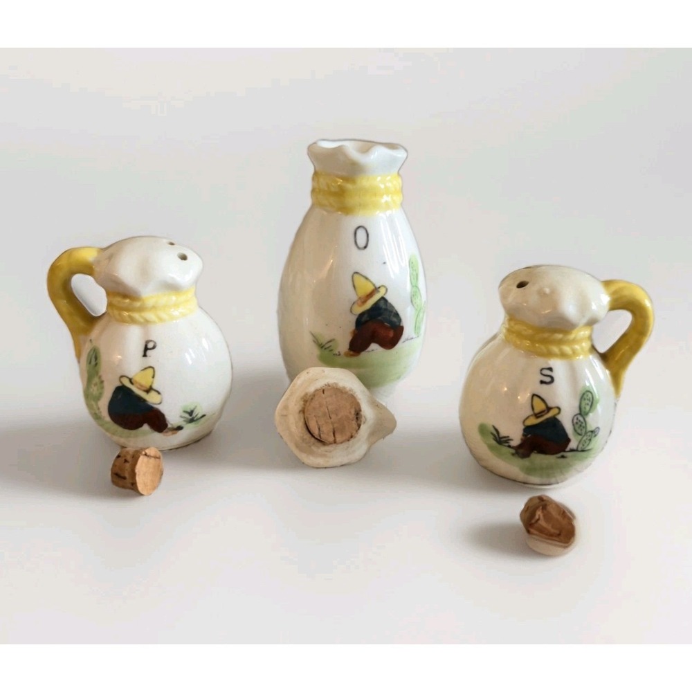 Vintage Mid-Century Ceramic Salt, Pepper & Oil Cruet 3-Piece Set - Siesta Motif